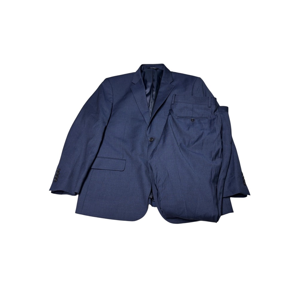 Jos A Bank Executive Suit Blue Micro Check 100% Wool 2pc Mens 44S 38X28 Tailored
